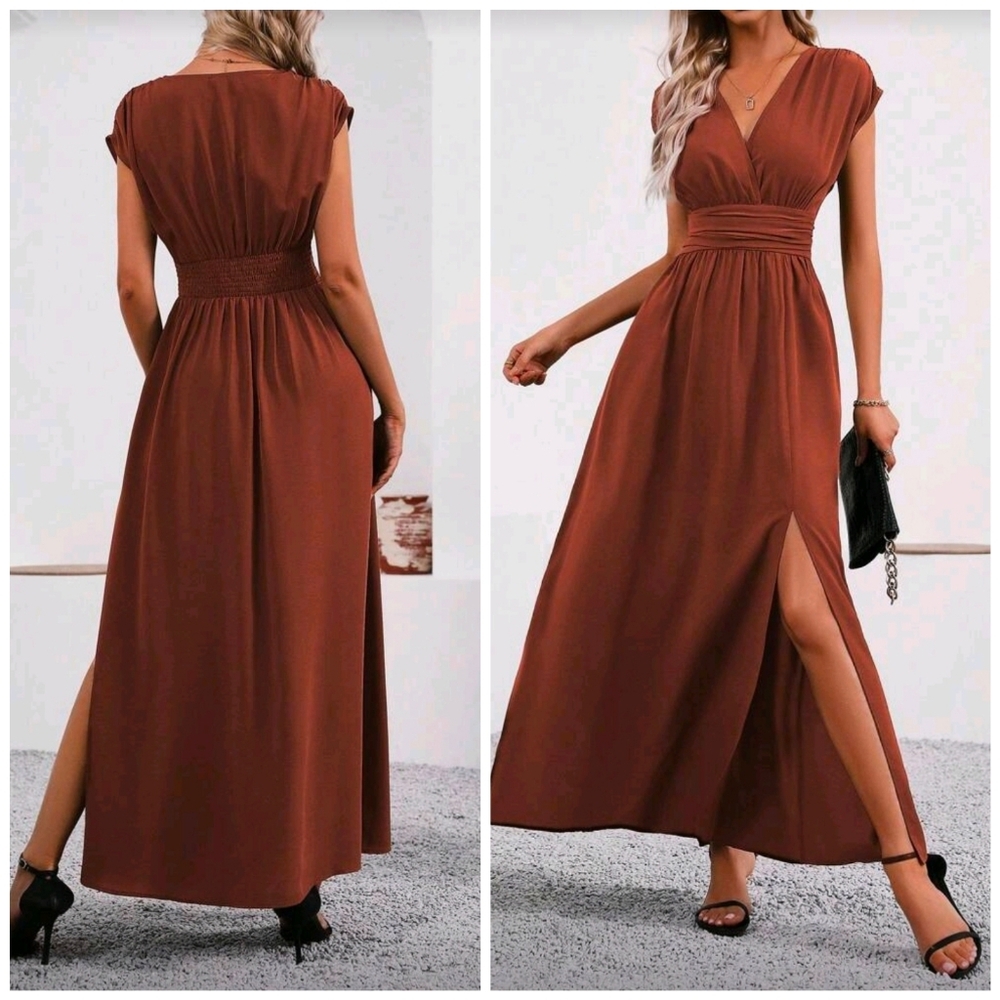 New Flowy Ruched Waist Split Maxi Dress Dolman Short Sleeve Rust Brown Orange